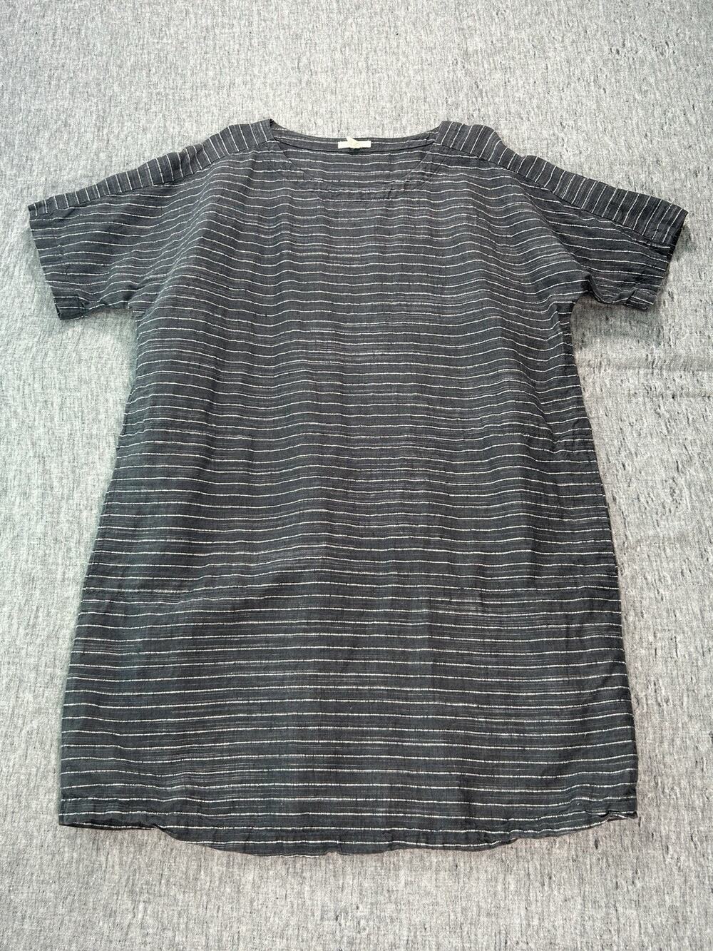 Eileen Fisher Organic Linen Striped Dress Womens Large Gray Pullover Pockets
